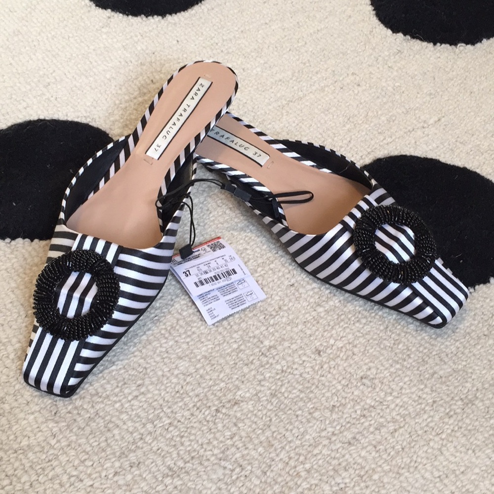 NWT Zara Black/White Stripe Mules w/Embellishment